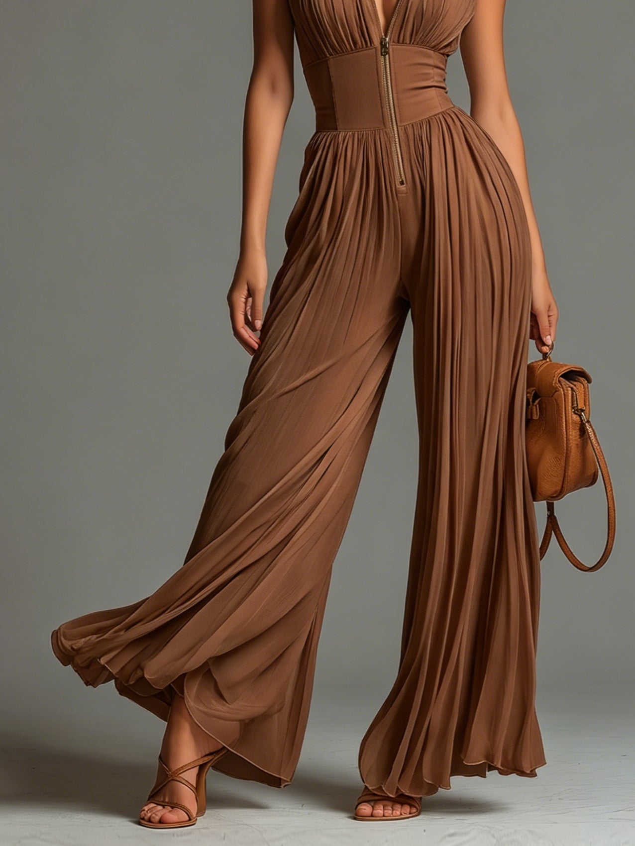 ESSENTIEL - Combinaison Zsófia | Chiffon plissé marron