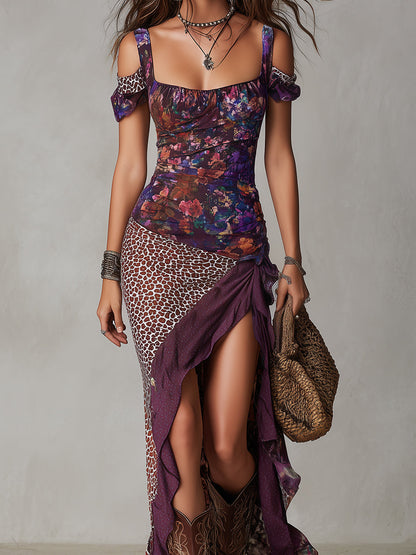 Robe maxi violet urbaine nomade à imprimé léopard et floral, à fente haute
