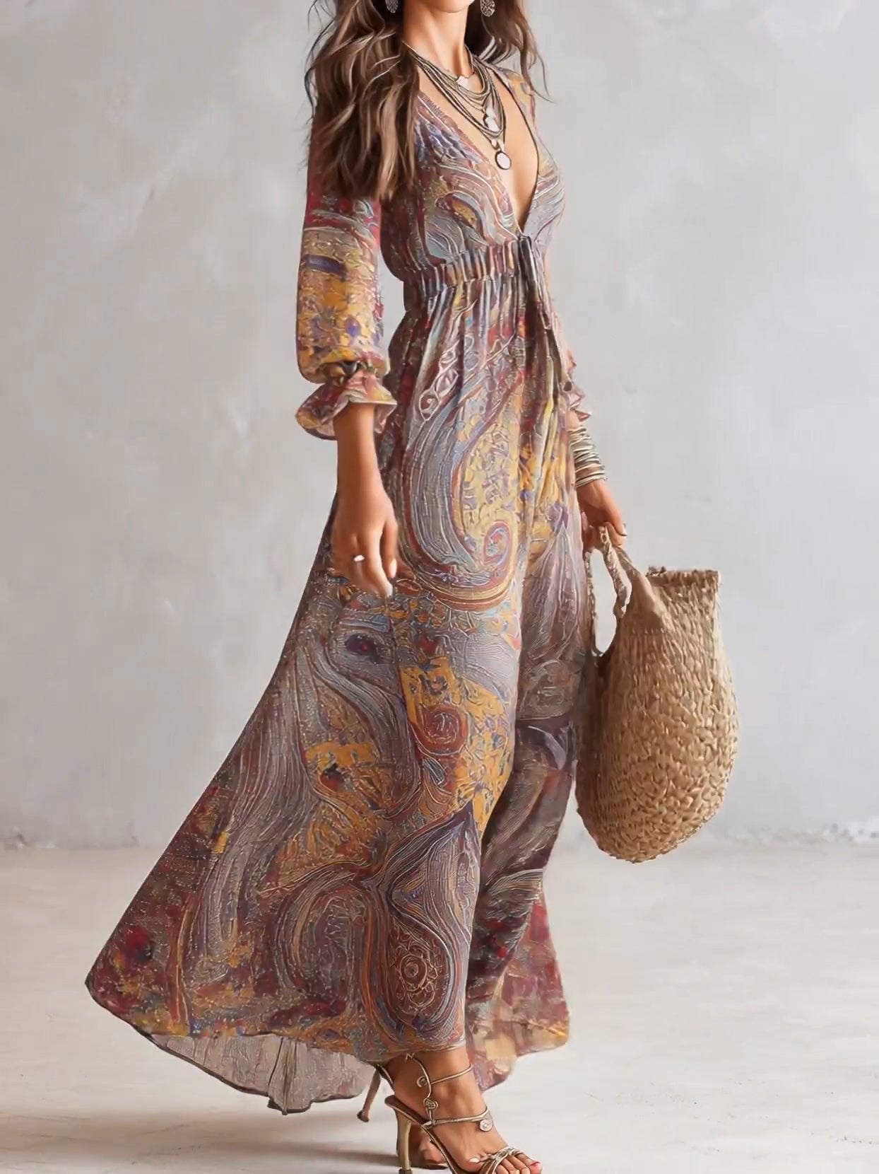 Robe maxi en chiffon à imprimé paisley, encolure en V, froncée