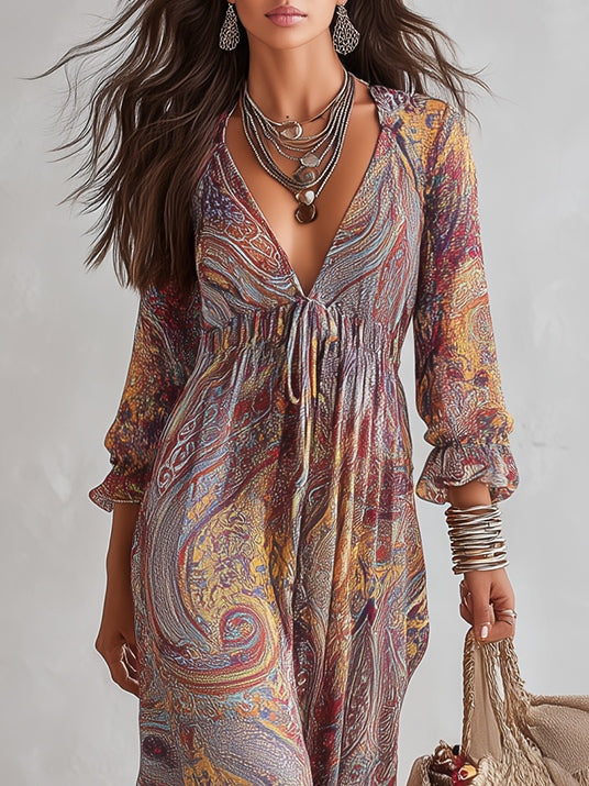 Robe maxi en chiffon à imprimé paisley, encolure en V, froncée