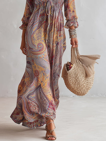 Robe maxi en chiffon à imprimé paisley, encolure en V, froncée