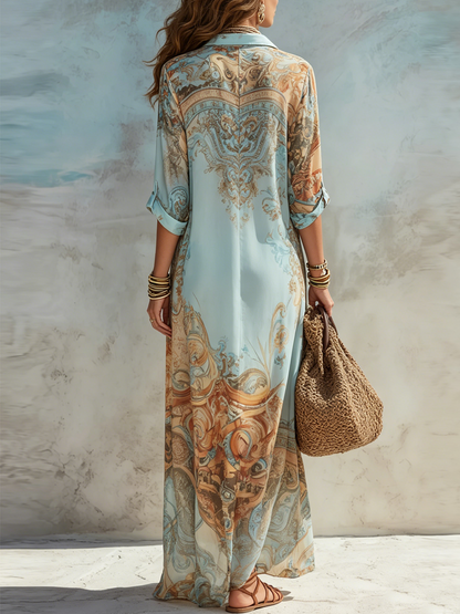 Robe chemise maxi bleu à imprimé floral