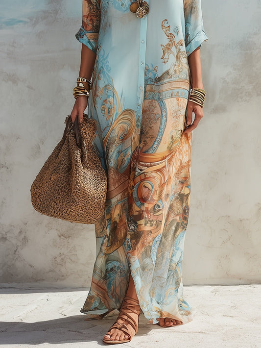 Robe chemise maxi bleu à imprimé floral