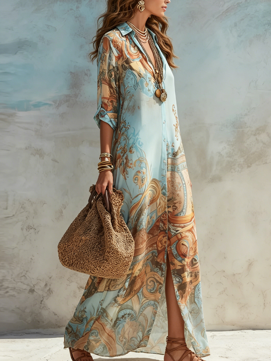 Robe chemise maxi bleu à imprimé floral