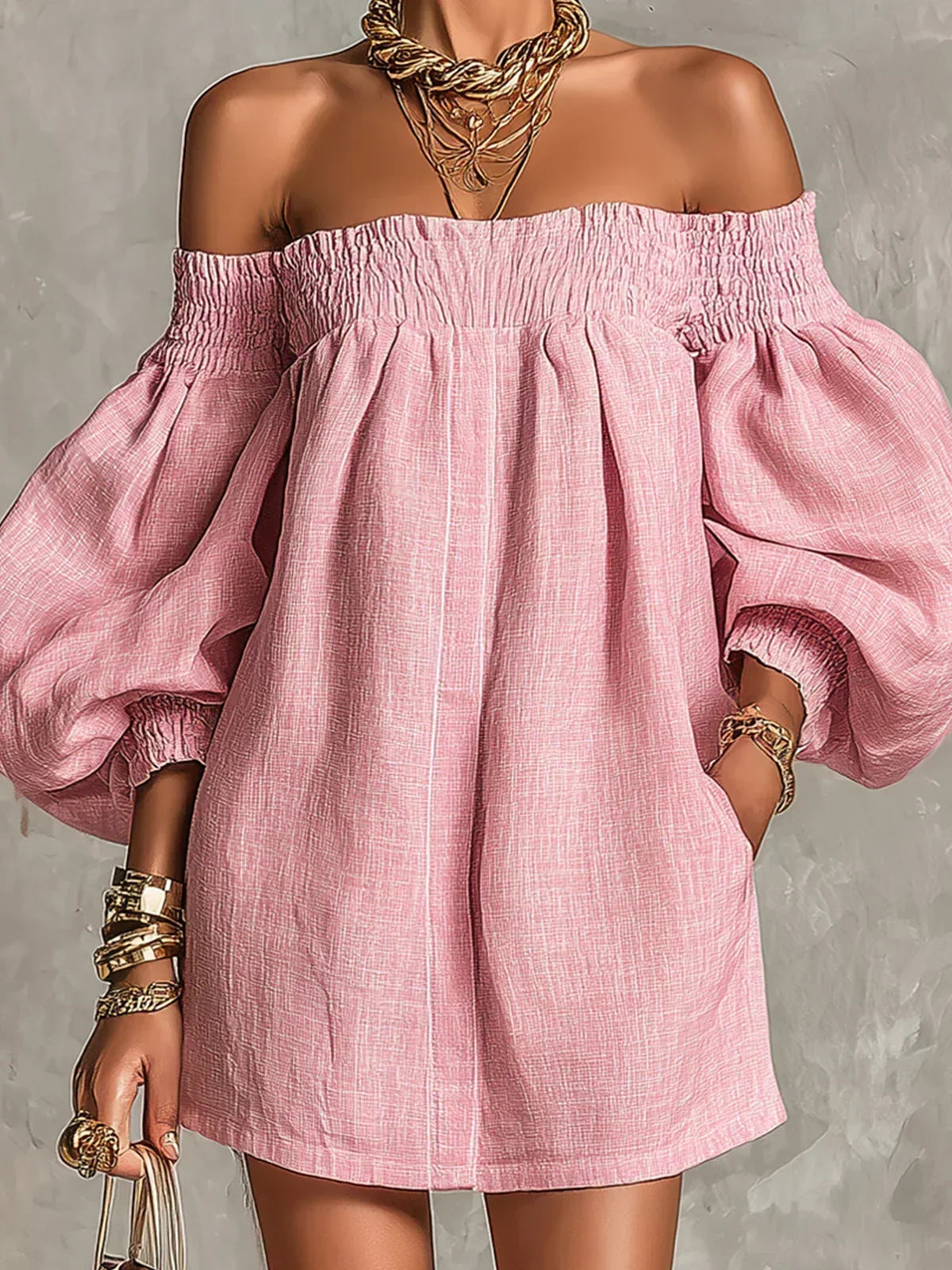 Robe Mini Épaules Dénudées à Manches Bouffantes FAITH