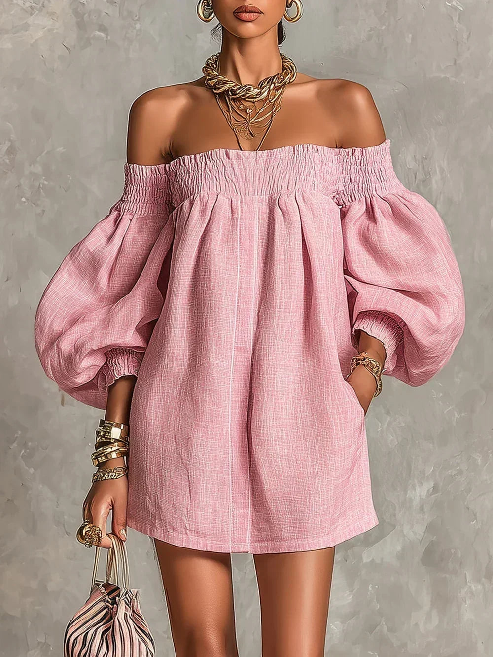 Robe Mini Épaules Dénudées à Manches Bouffantes FAITH