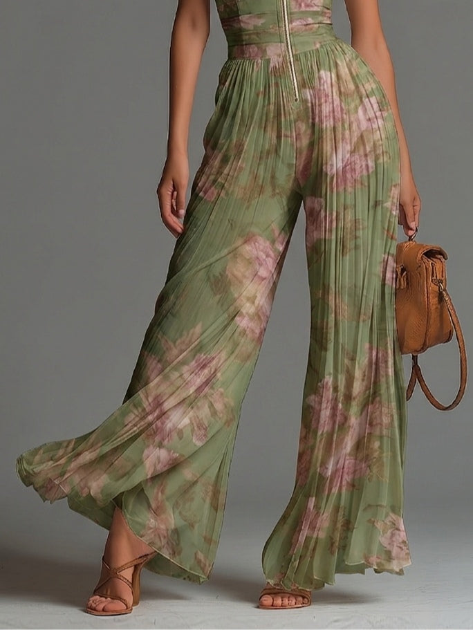 Combinaison en chiffon à fleurs vertes, col en V, sans manches, à fermeture éclair, plissée, à jambes larges