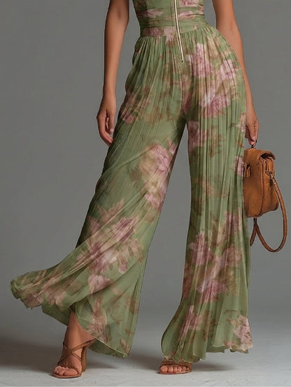 Combinaison en chiffon à fleurs vertes, col en V, sans manches, à fermeture éclair, plissée, à jambes larges