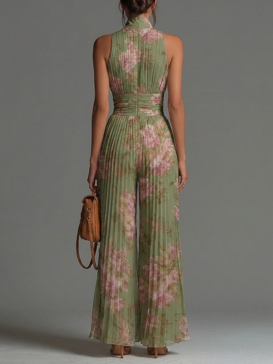 Combinaison en chiffon à fleurs vertes, col en V, sans manches, à fermeture éclair, plissée, à jambes larges