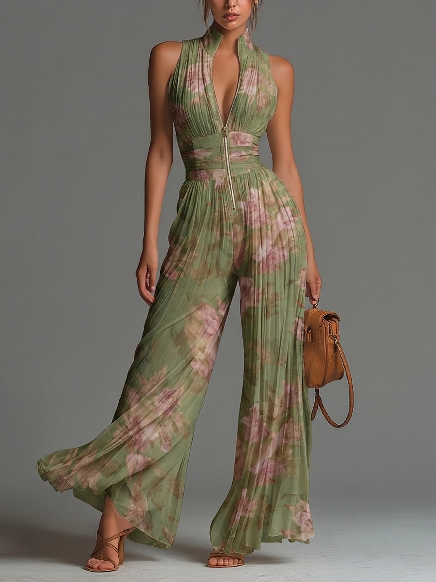 Combinaison en chiffon à fleurs vertes, col en V, sans manches, à fermeture éclair, plissée, à jambes larges