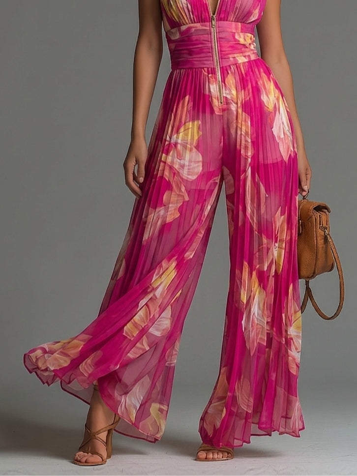 Combinaison en chiffon à imprimé floral fuchsia, sans manches, à fermeture éclair, à plis et à jambes larges