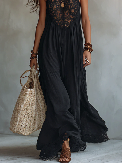 Robe maxi noire bohème sans manches à bordure en dentelle