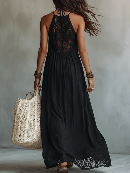 Robe maxi noire bohème sans manches à bordure en dentelle