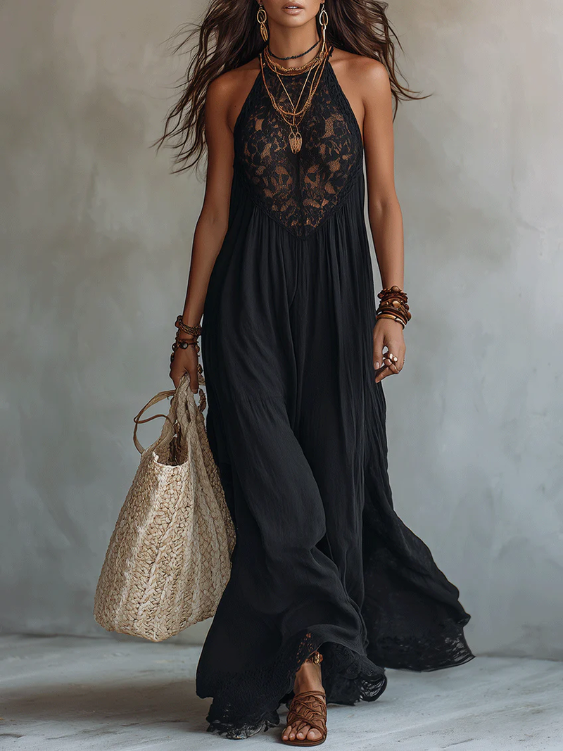 Robe maxi noire bohème sans manches à bordure en dentelle