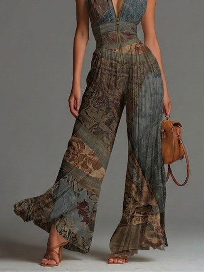 Combinaison sans manches à imprimé bohème ethnique, à fermeture éclair, plissée, à jambes larges, en chiffon