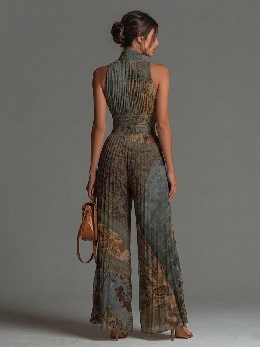 Combinaison sans manches à imprimé bohème ethnique, à fermeture éclair, plissée, à jambes larges, en chiffon
