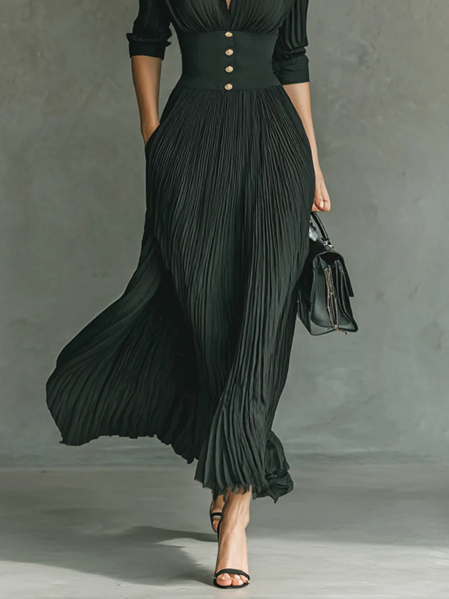 Elvira | Robe longue plissée à revers et taille haute