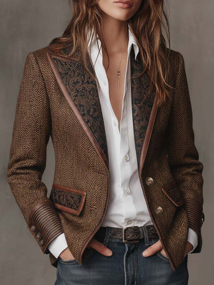 Blazer Tweed Chevron & Cuir à Empiècements Brodés — Pièce Statement