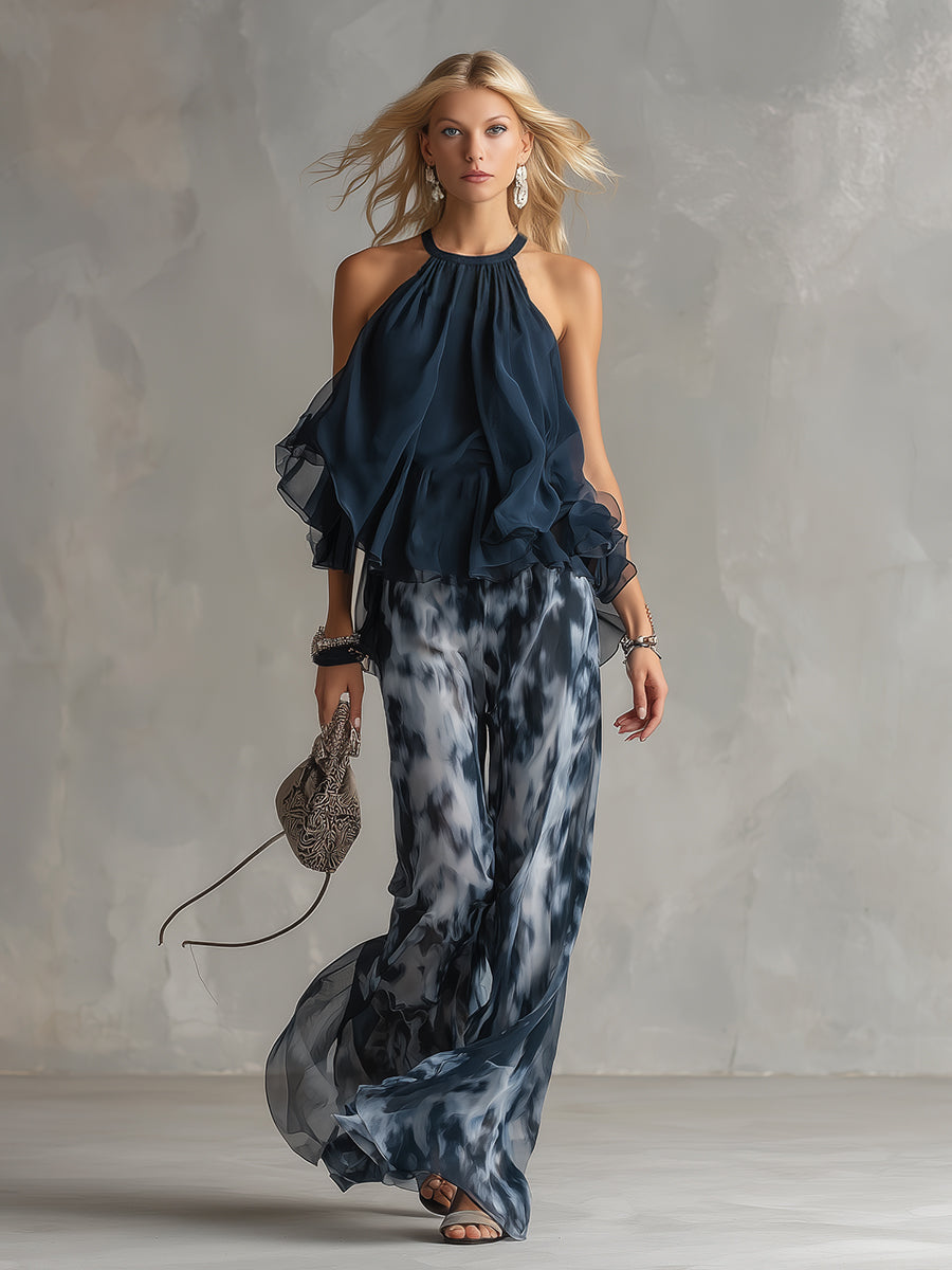 Ludovica – Ensemble en chiffon élégant avec haut à col montant et pantalon imprimé à jambes larges • S1