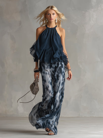 Ludovica – Ensemble en chiffon élégant avec haut à col montant et pantalon imprimé à jambes larges • S1