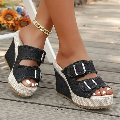 Sandales en denim Elara à talons compensés