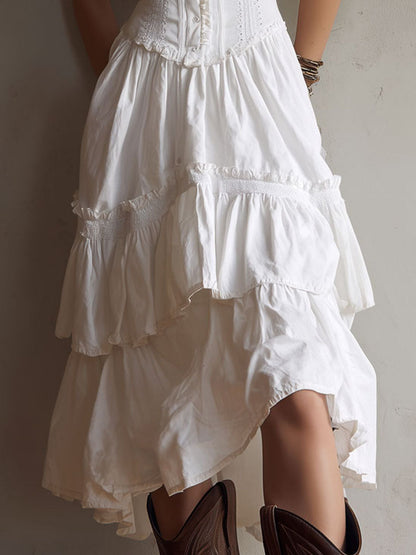 Robe midi rétro bohème à corset, jupe étagée et bordure en dentelle