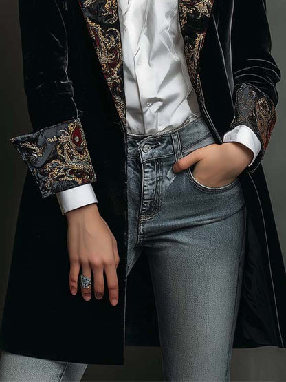 Manteau en Velours à Revers Brocart — Édition Soirée
