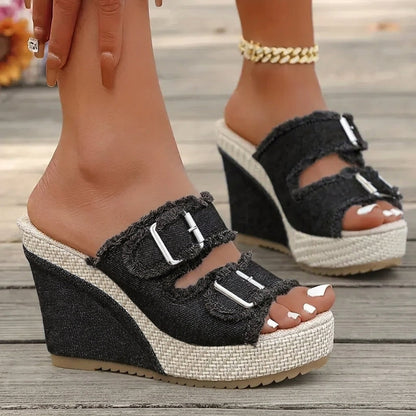 Sandales en denim Elara à talons compensés