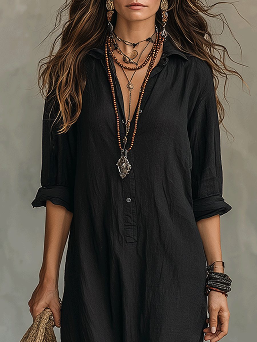 Robe chemise longue bohème à boutonnage devant