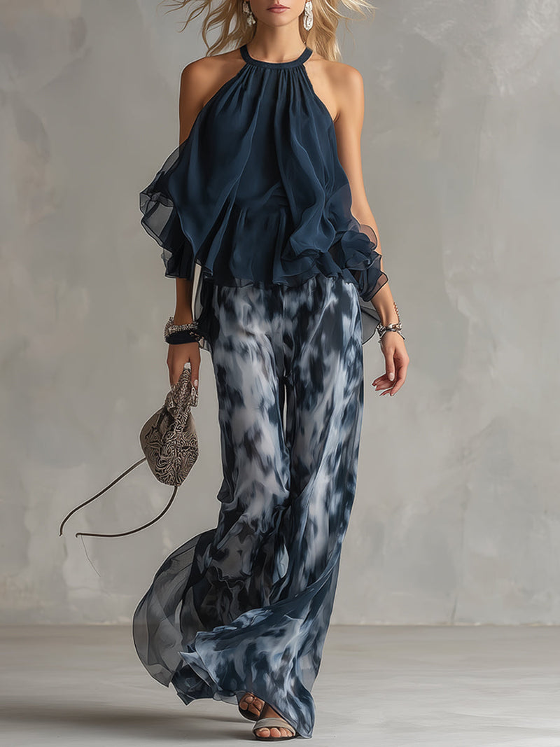 Ludovica – Ensemble en chiffon élégant avec haut à col montant et pantalon imprimé à jambes larges • S1