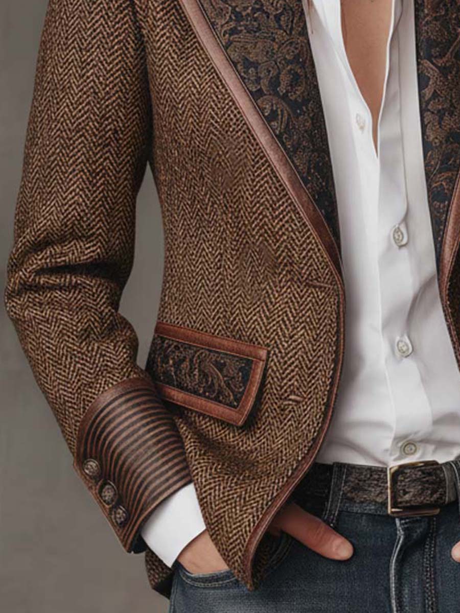 Blazer Tweed Chevron & Cuir à Empiècements Brodés — Pièce Statement