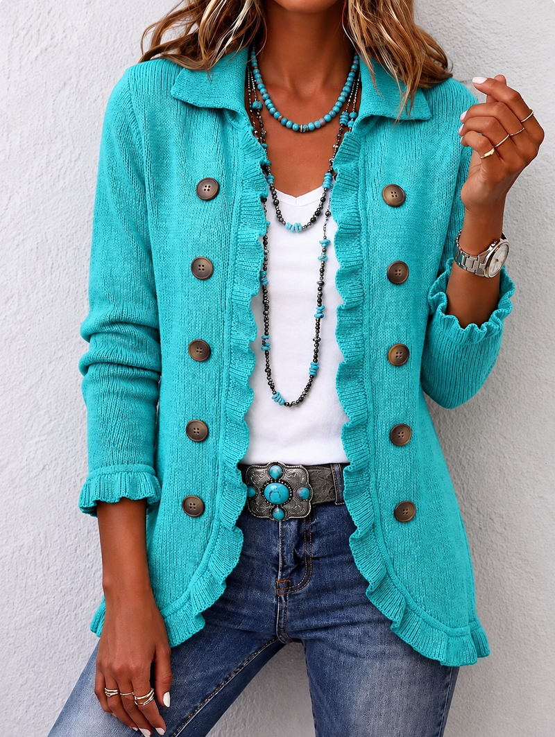 Maribel | Veste en maille côtelée turquoise à volants
