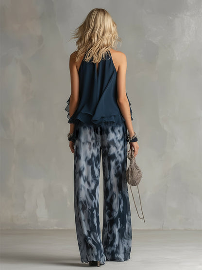 Ludovica – Ensemble en chiffon élégant avec haut à col montant et pantalon imprimé à jambes larges • S1