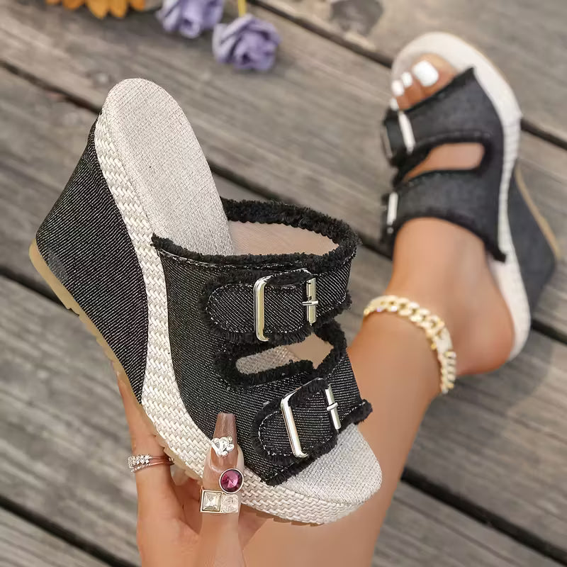 Sandales en denim Elara à talons compensés