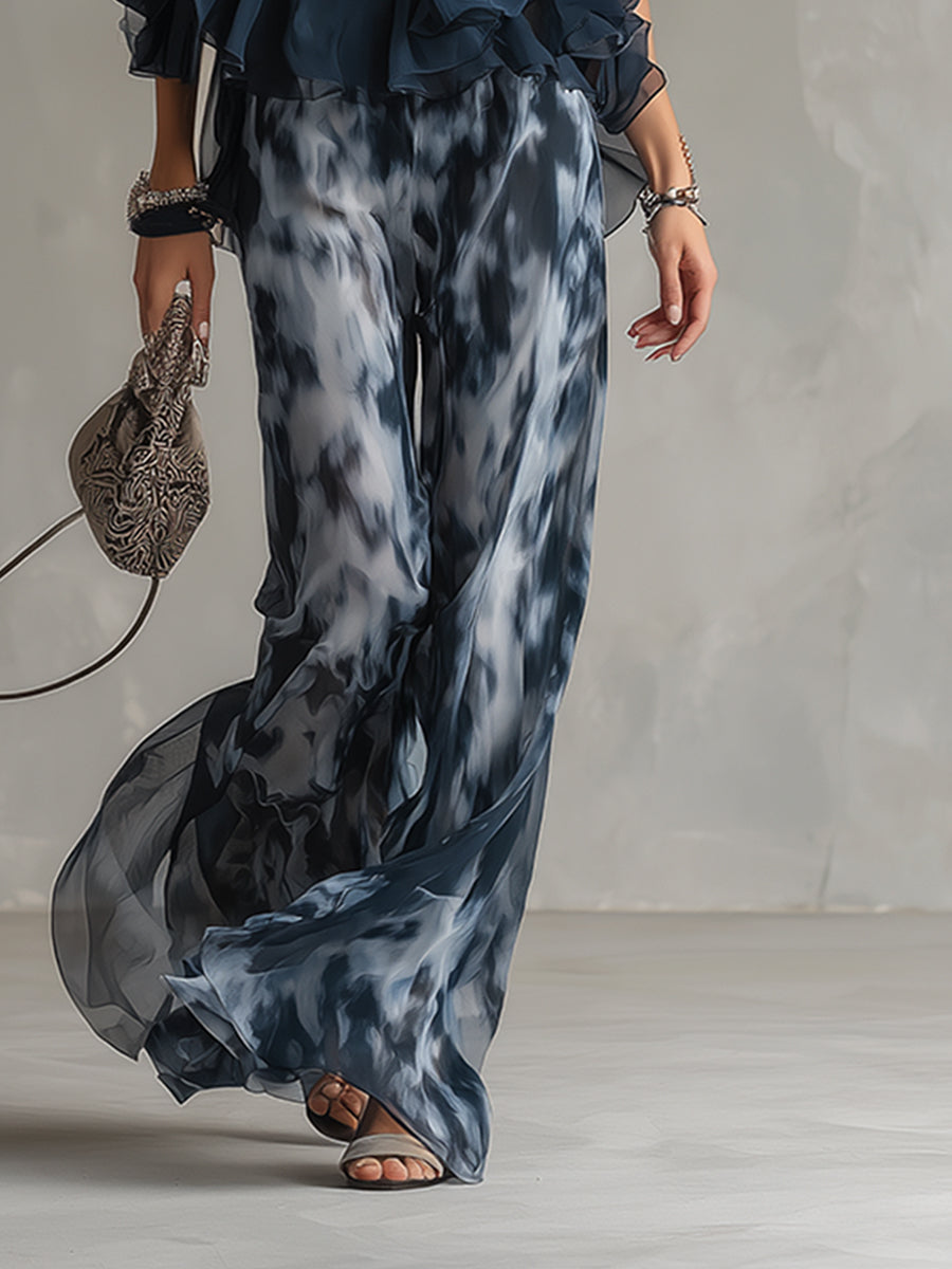 Ludovica – Ensemble en chiffon élégant avec haut à col montant et pantalon imprimé à jambes larges • S1