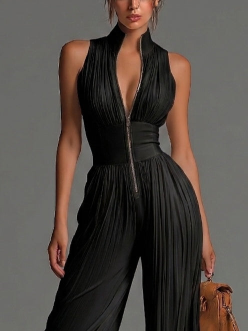 Combinaison noire sans manches zippée plissée à jambes larges en chiffon