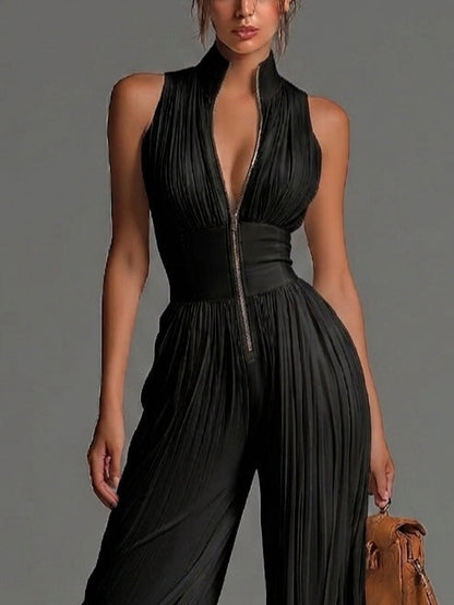 Combinaison noire sans manches zippée plissée à jambes larges en chiffon