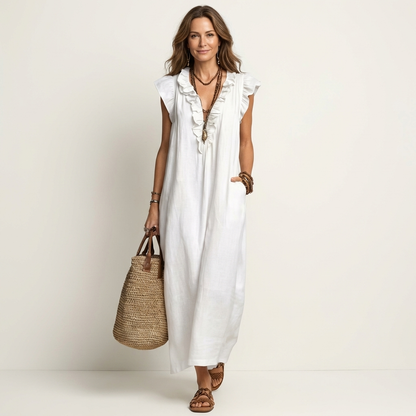 Josette | Robe maxi en lin à col en V à volants