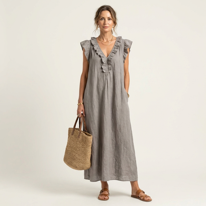 Josette | Robe maxi en lin à col en V à volants
