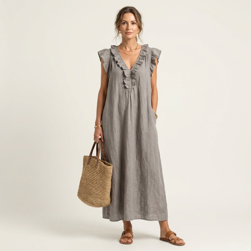 Josette | Robe maxi en lin à col en V à volants