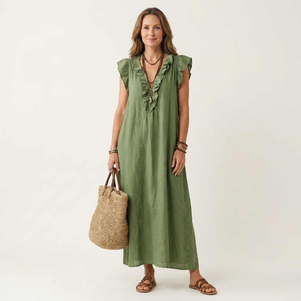Josette | Robe maxi en lin à col en V à volants