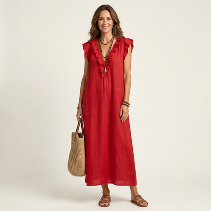 Josette | Robe maxi en lin à col en V à volants