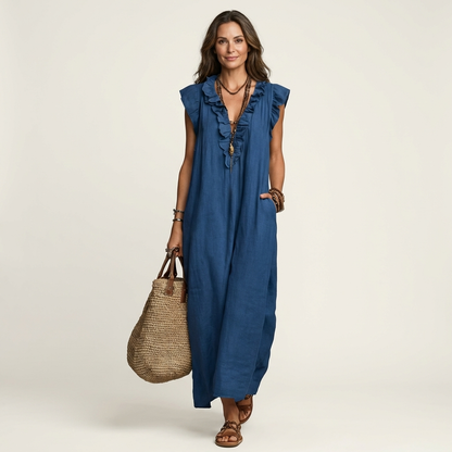 Josette | Robe maxi en lin à col en V à volants