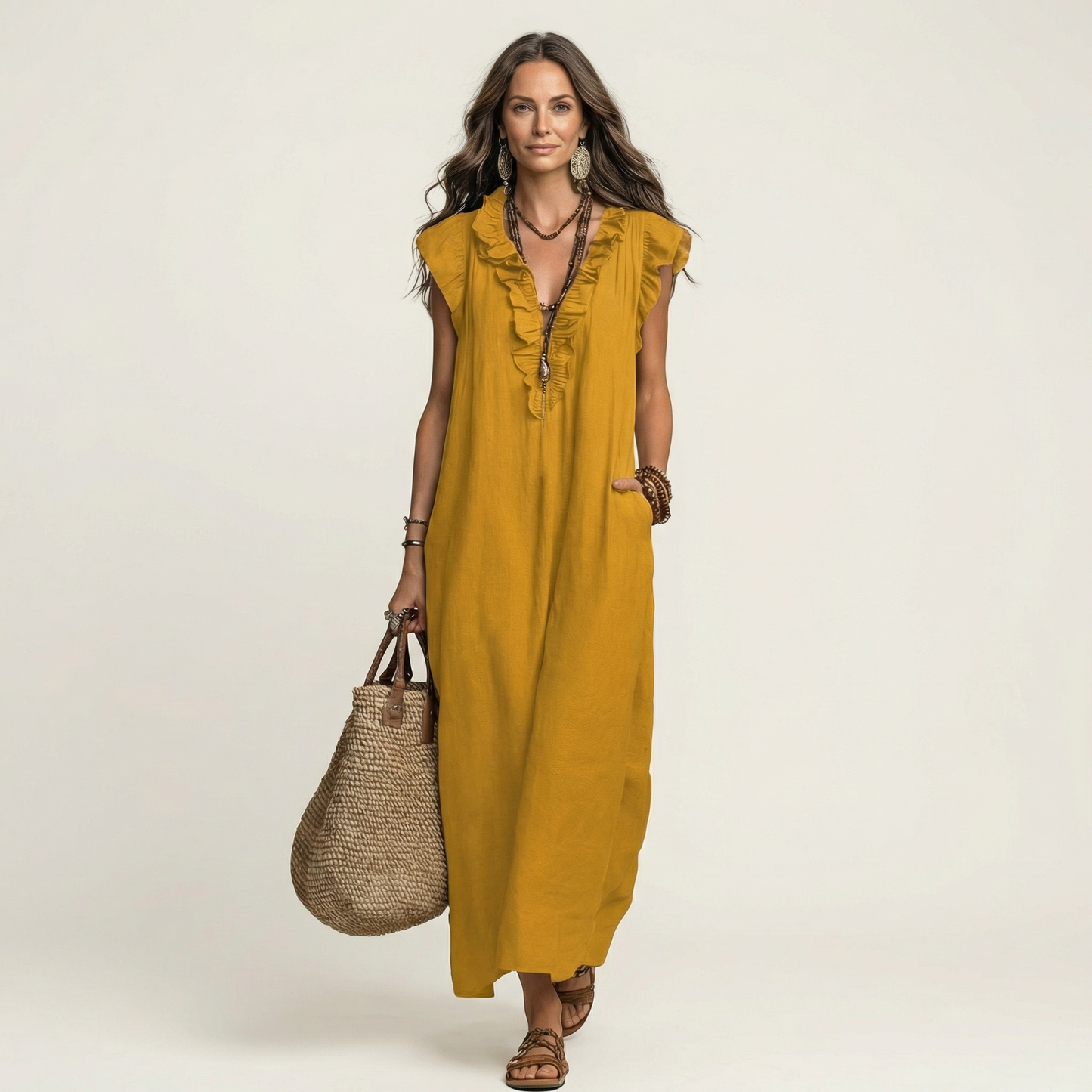 Josette | Robe maxi en lin à col en V à volants