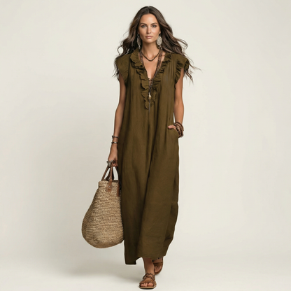 Josette | Robe maxi en lin à col en V à volants