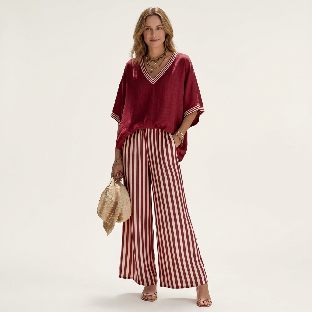 Juliana | Ensemble top à col en V style varsity et pantalon rayé à jambes larges
