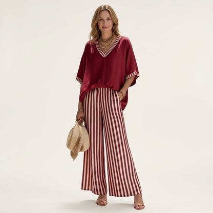 Juliana | Ensemble top à col en V style varsity et pantalon rayé à jambes larges