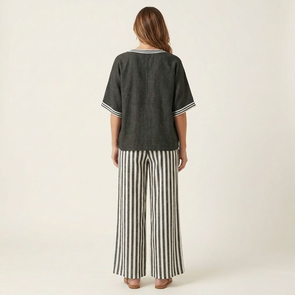 Juliana | Ensemble top à col en V style varsity et pantalon rayé à jambes larges