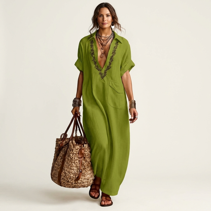 Amarina | Robe maxi en lin à col en V brodé