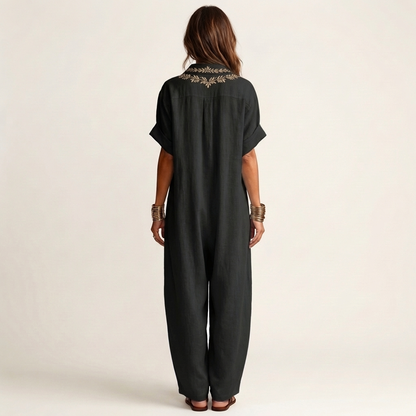 Amarina | Robe maxi en lin à col en V brodé